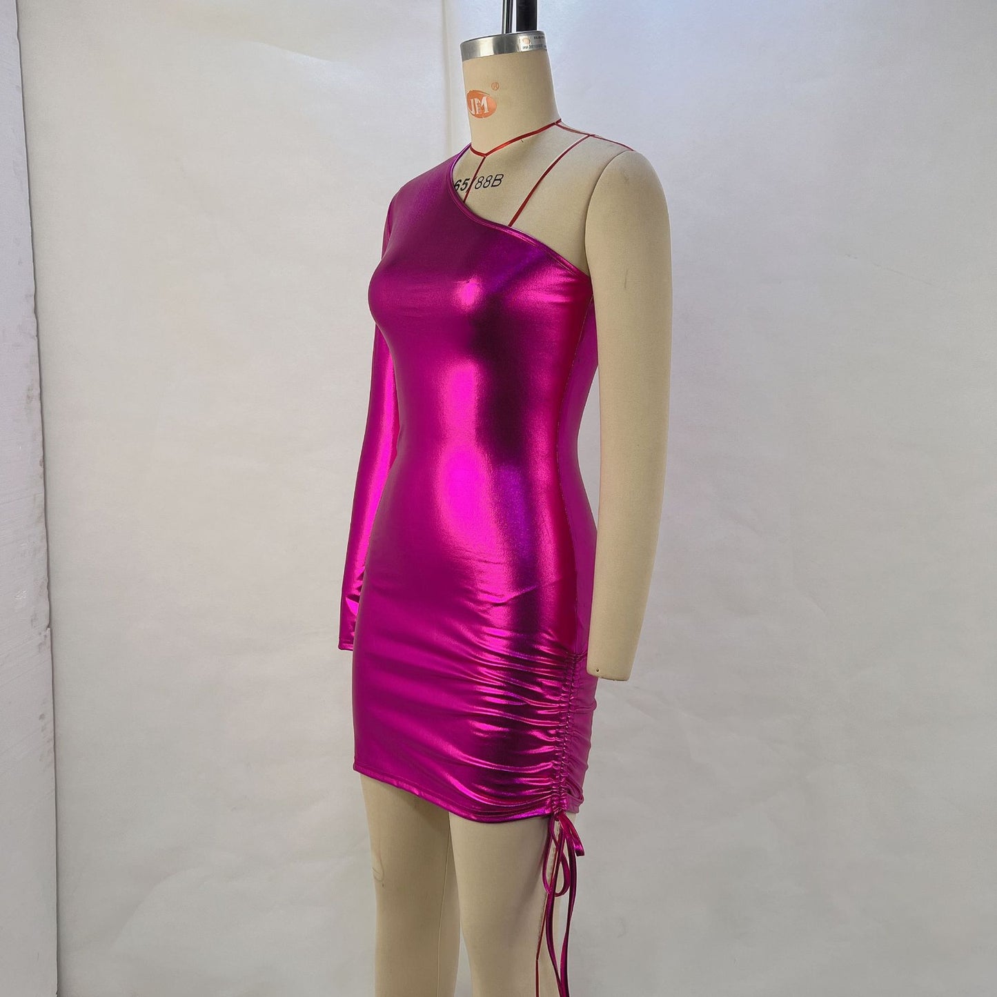 Metallic Coated Fabric Women Clothing Sexy Oblique Shoulder Waist Drawstring Bag Hip Dress Women Dress Nightclub