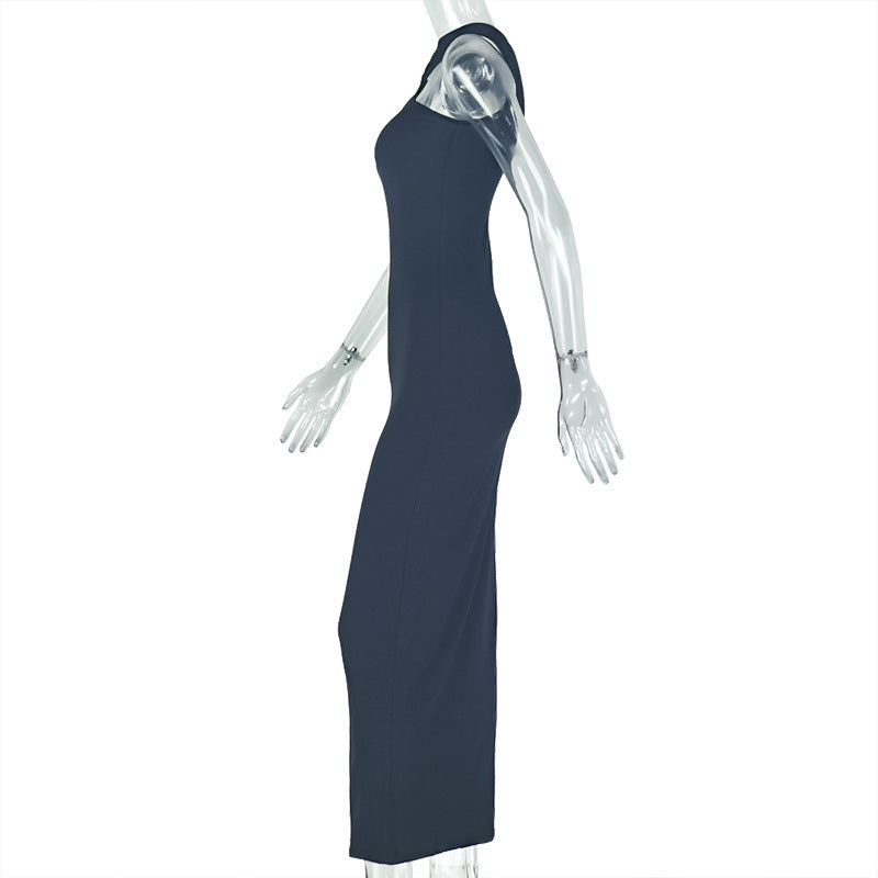 Elegant Solid Color Metal Pleated One Step Dress Sheath Halter Length Dress Fashionable Asymmetric Women Clothing