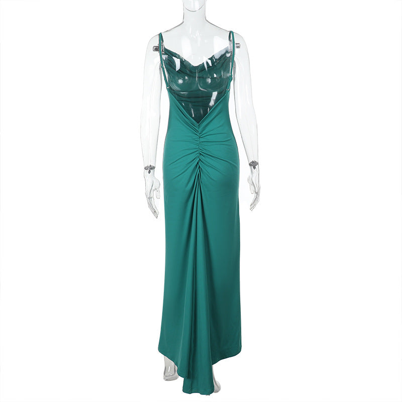 Women Backless Pleated Hip Bag Summer Casual Slim Holiday Maxi Dress