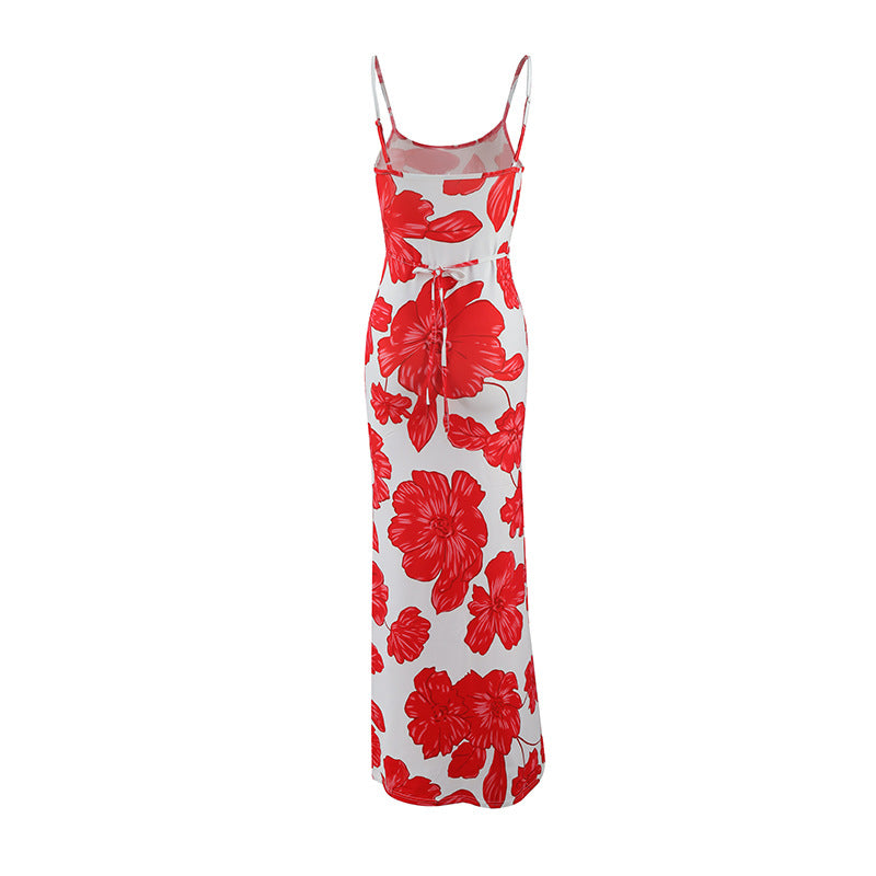 Women Clothing Summer Suspender U Collar Slim Fit Backless Floral Dress