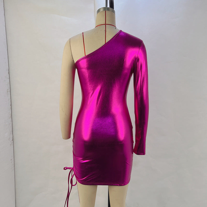 Metallic Coated Fabric Women Clothing Sexy Oblique Shoulder Waist Drawstring Bag Hip Dress Women Dress Nightclub