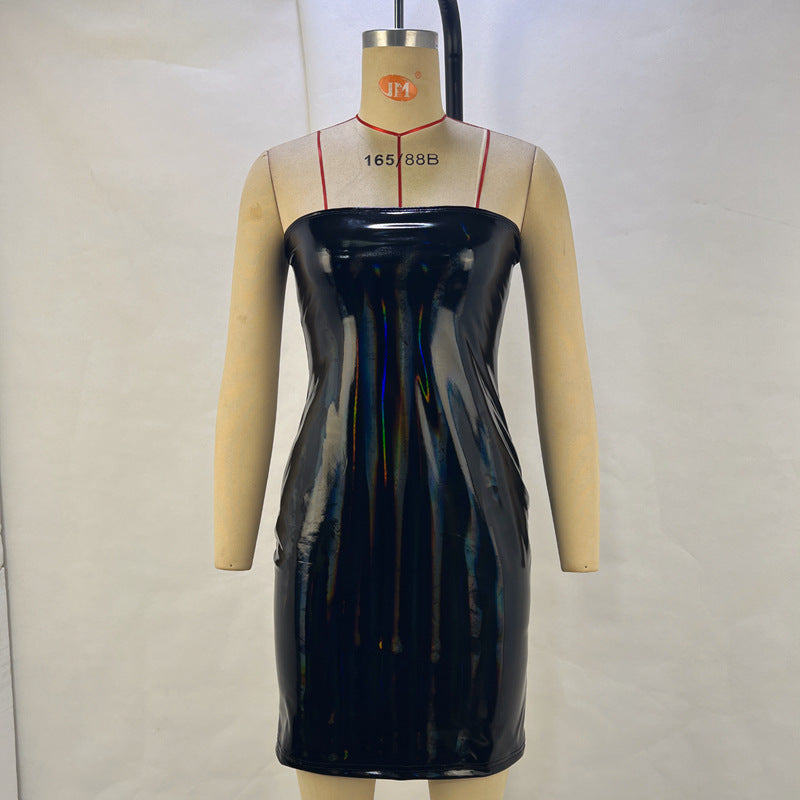 Women Clothing Spring Summer Shiny Surface Personality Horizontal Bra Dress Women Dress