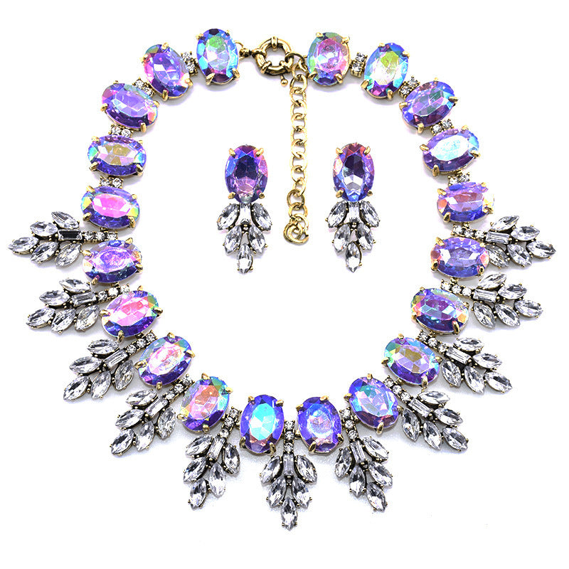 Accessories Handmade Exaggerated Colorful Crystal Necklace Earrings Suite