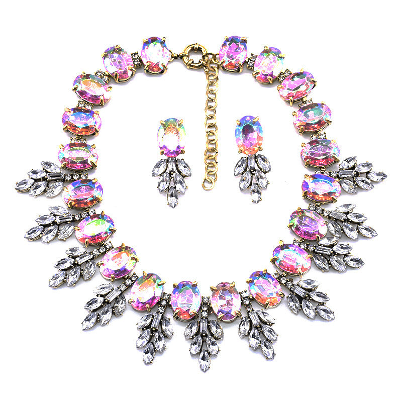 Accessories Handmade Exaggerated Colorful Crystal Necklace Earrings Suite