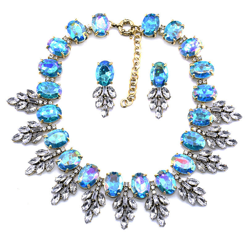 Accessories Handmade Exaggerated Colorful Crystal Necklace Earrings Suite