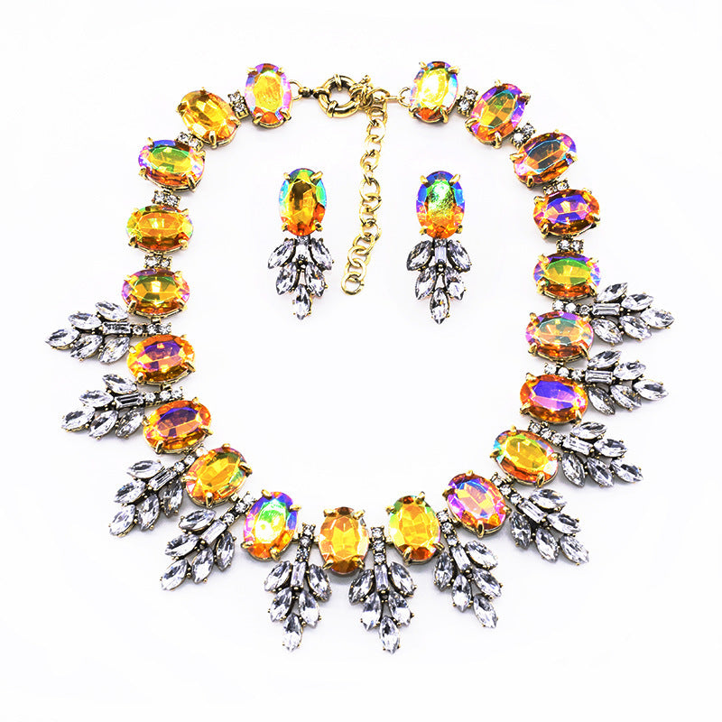 Accessories Handmade Exaggerated Colorful Crystal Necklace Earrings Suite