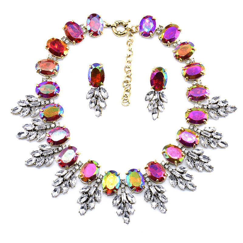 Accessories Handmade Exaggerated Colorful Crystal Necklace Earrings Suite