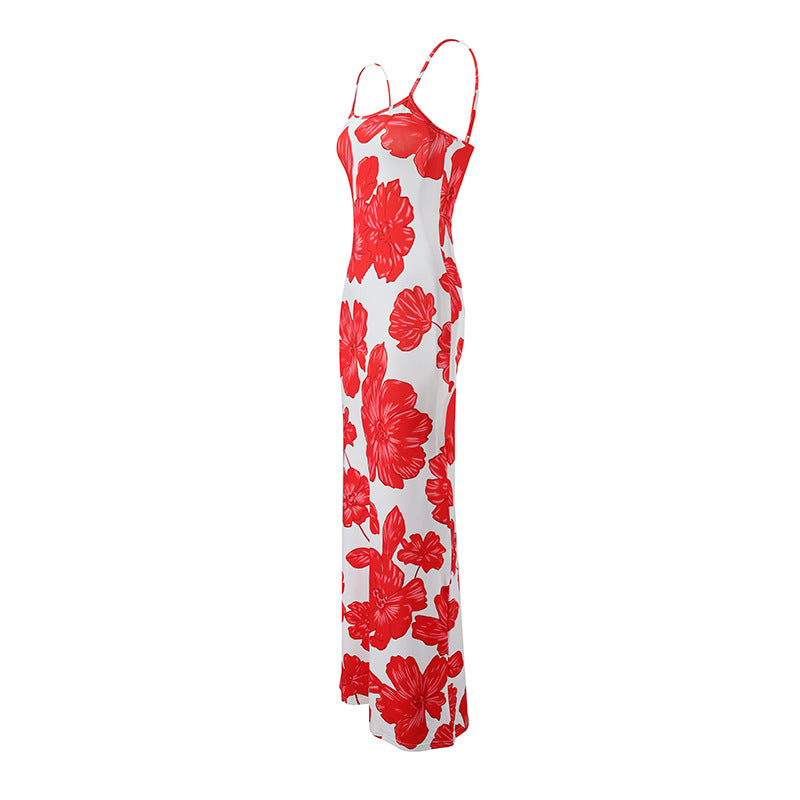 Women Clothing Summer Suspender U Collar Slim Fit Backless Floral Dress