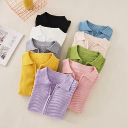 Knitted Bottoming Solid Color Slim Fit Top Long Sleeve Polo Collar Women Short Sweater Autumn Winter Cardigan