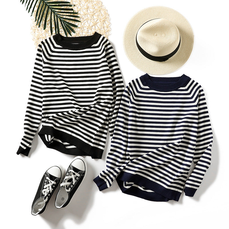 Autumn Winter Women Clothing Korean Simple Slim Fit Long Sleeved Knitted Sweater Women Round Neck Black White Striped Pullover