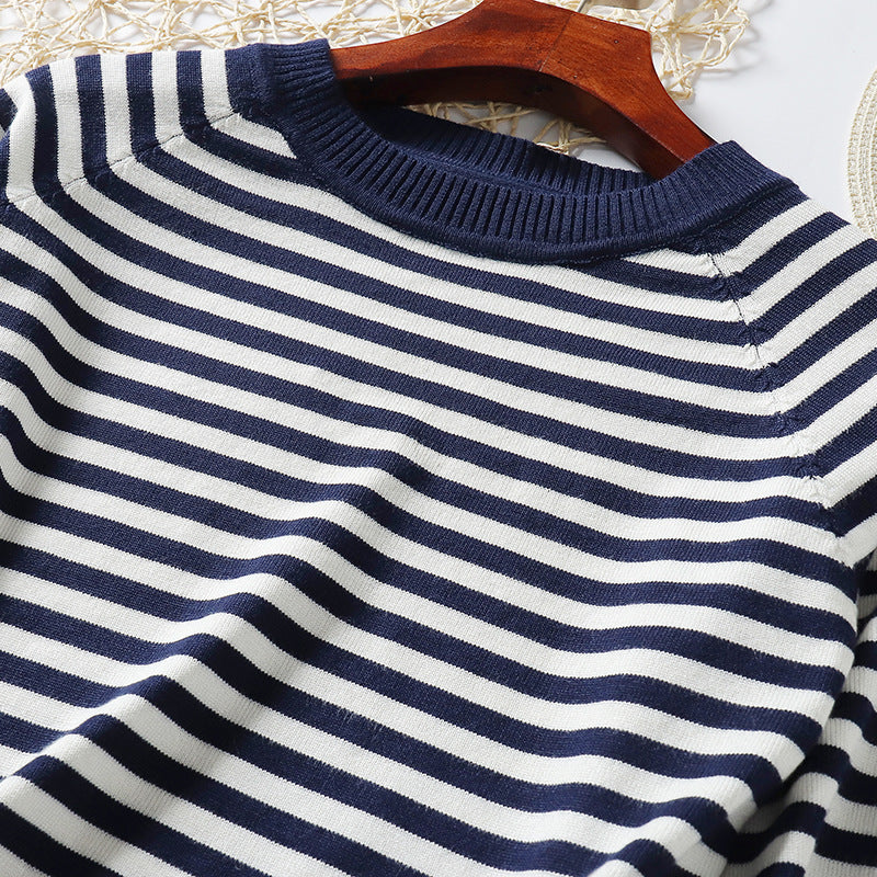 Autumn Winter Women Clothing Korean Simple Slim Fit Long Sleeved Knitted Sweater Women Round Neck Black White Striped Pullover