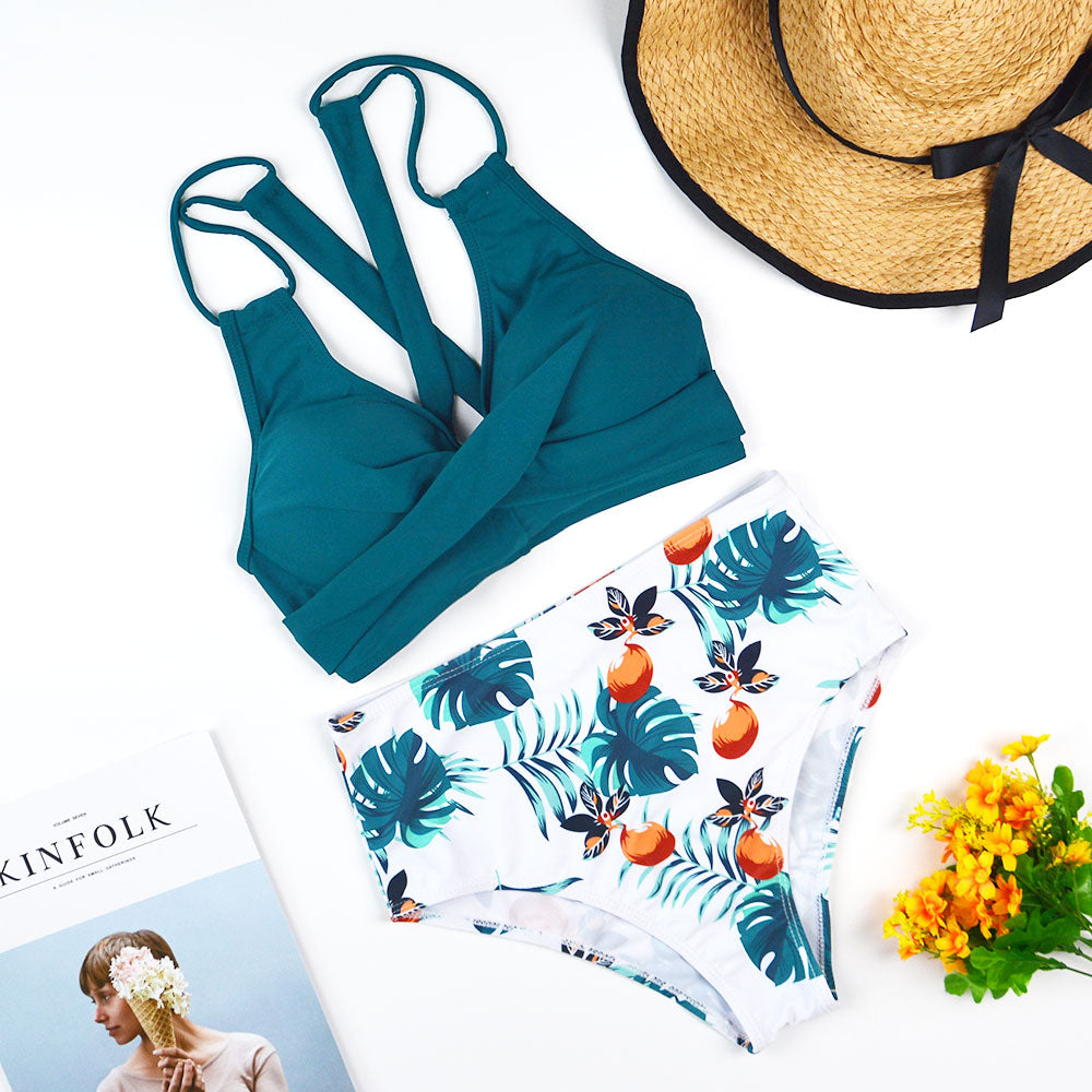 Swimwear Criss Cross Sexy Solid Color Printing High Waist Split Swimsuit Bikin Bikini Swimsuit