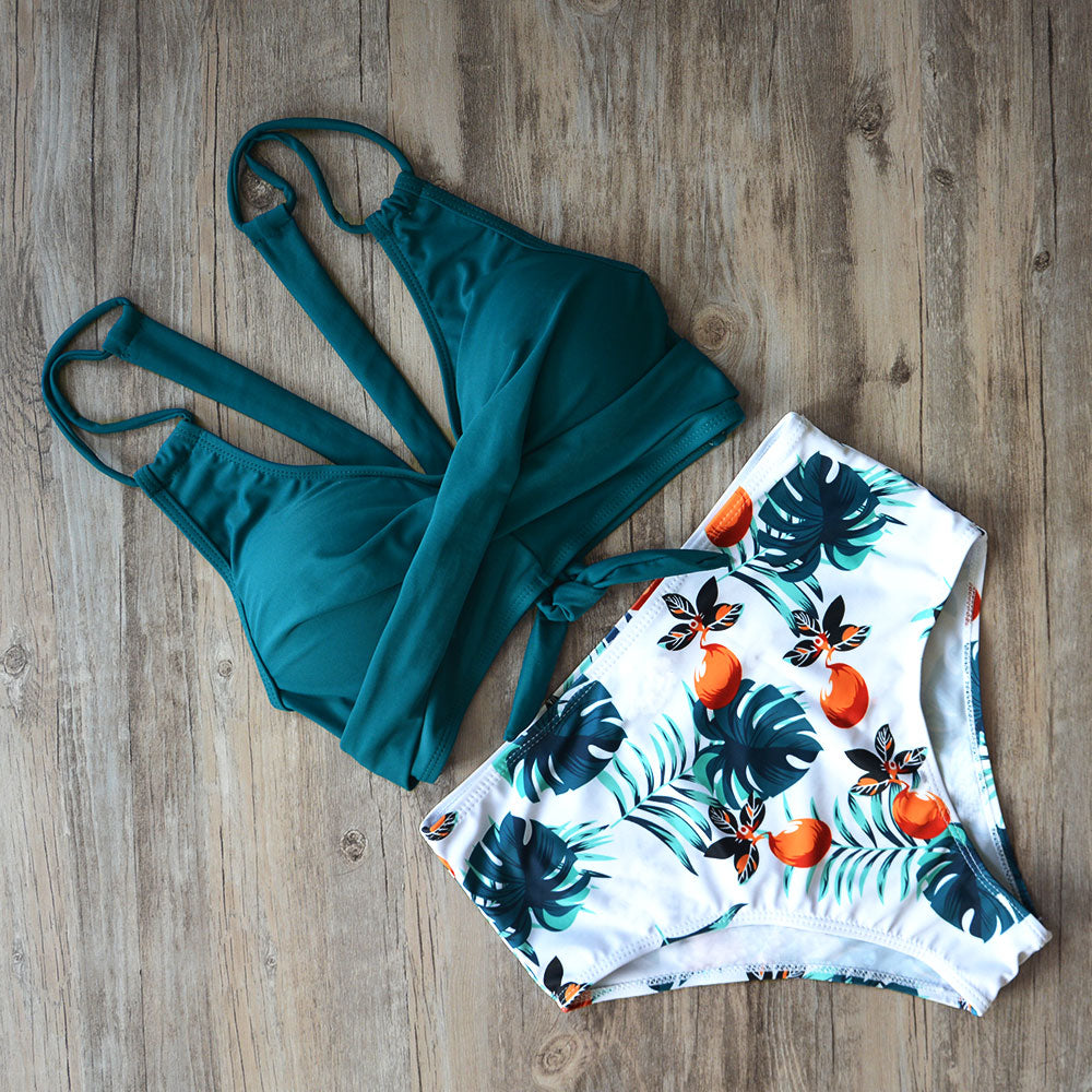 Swimwear Criss Cross Sexy Solid Color Printing High Waist Split Swimsuit Bikin Bikini Swimsuit