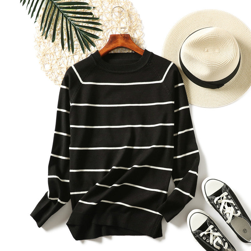 Autumn Winter Women Clothing Korean Simple Slim Fit Long Sleeved Knitted Sweater Women Round Neck Black White Striped Pullover