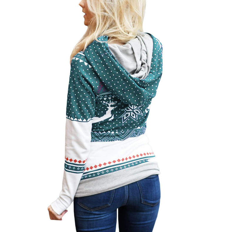 Autumn New Christmas Printing Pocket Long Sleeve Hooded Casual Hoodie Women