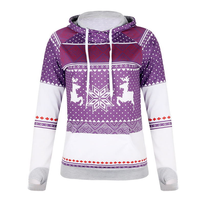 Autumn New Christmas Printing Pocket Long Sleeve Hooded Casual Hoodie Women
