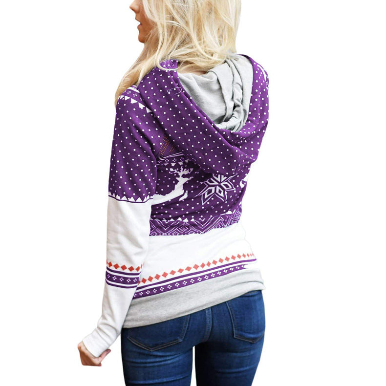 Autumn New Christmas Printing Pocket Long Sleeve Hooded Casual Hoodie Women