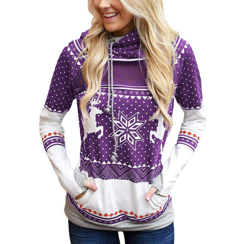 Autumn New Christmas Printing Pocket Long Sleeve Hooded Casual Hoodie Women
