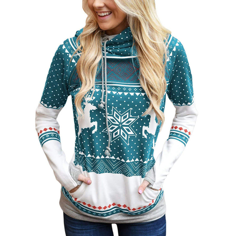 Autumn New Christmas Printing Pocket Long Sleeve Hooded Casual Hoodie Women