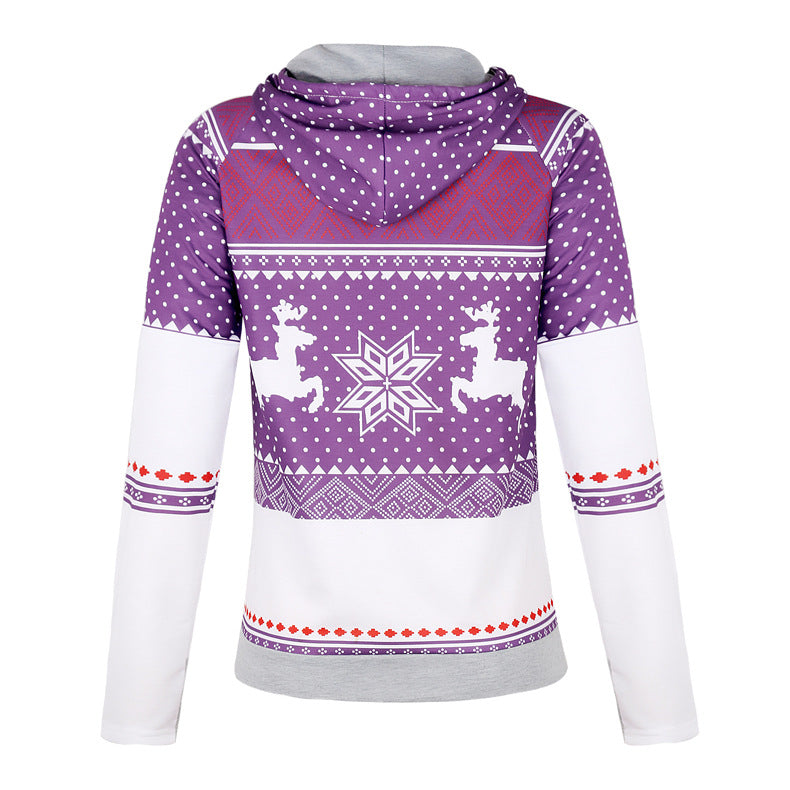 Autumn New Christmas Printing Pocket Long Sleeve Hooded Casual Hoodie Women
