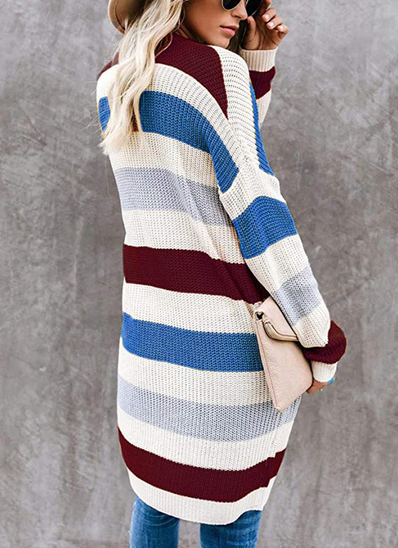 Striped Stitching Sweater Cardigan Women Autumn Winter New Long Color Matching Pocket Knitted Cardigan