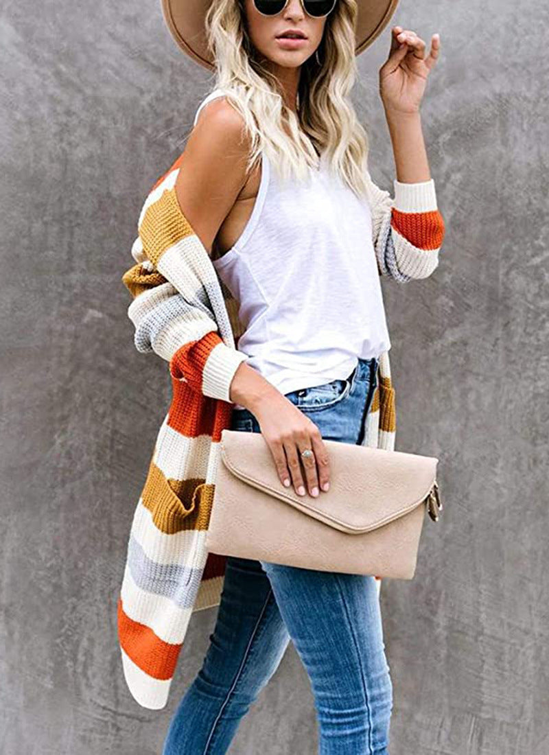 Striped Stitching Sweater Cardigan Women Autumn Winter New Long Color Matching Pocket Knitted Cardigan