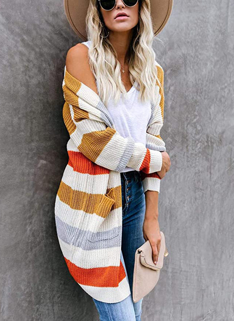 Striped Stitching Sweater Cardigan Women Autumn Winter New Long Color Matching Pocket Knitted Cardigan