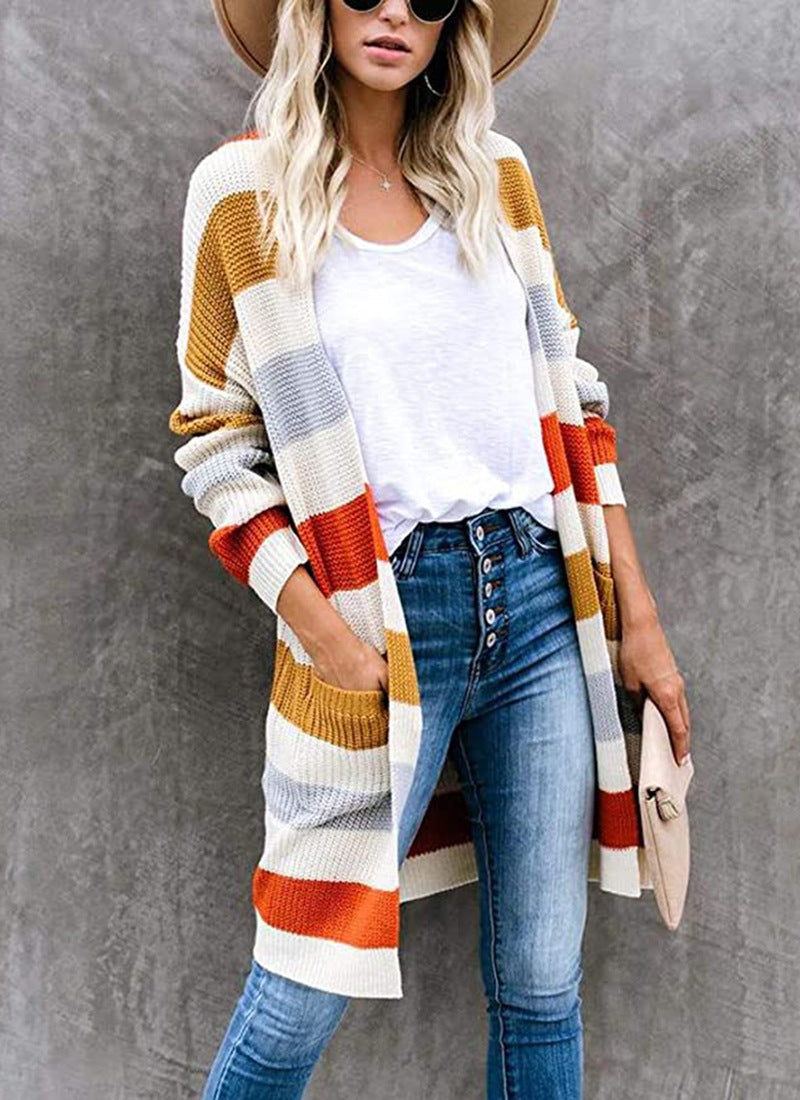 Striped Stitching Sweater Cardigan Women Autumn Winter New Long Color Matching Pocket Knitted Cardigan