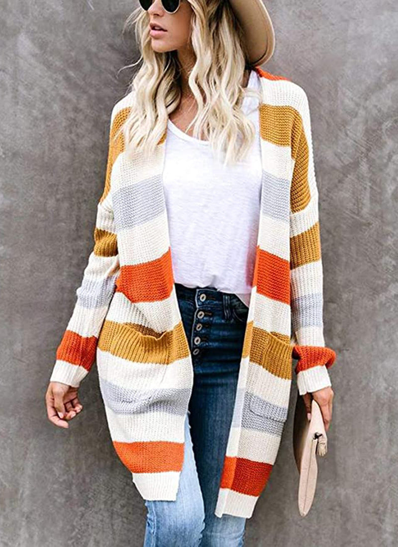 Striped Stitching Sweater Cardigan Women Autumn Winter New Long Color Matching Pocket Knitted Cardigan