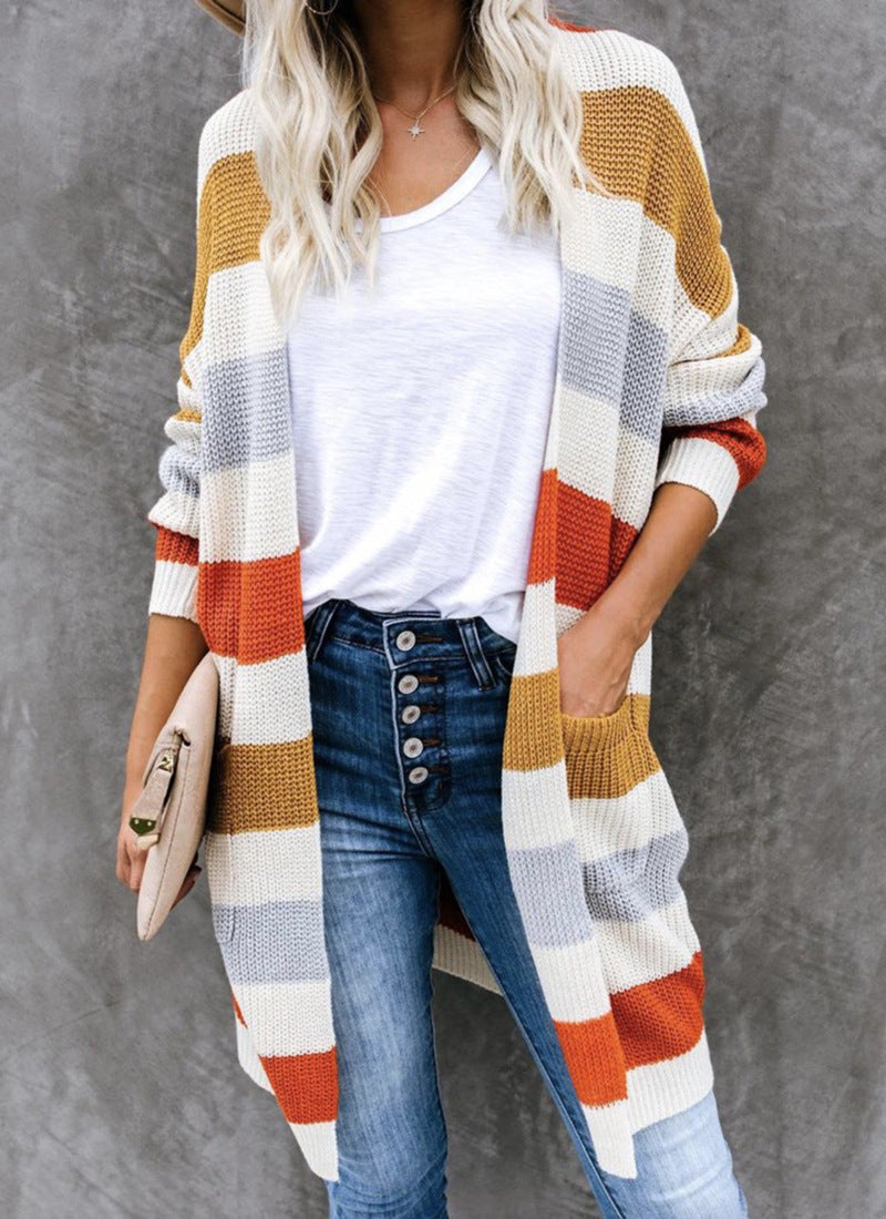 Striped Stitching Sweater Cardigan Women Autumn Winter New Long Color Matching Pocket Knitted Cardigan