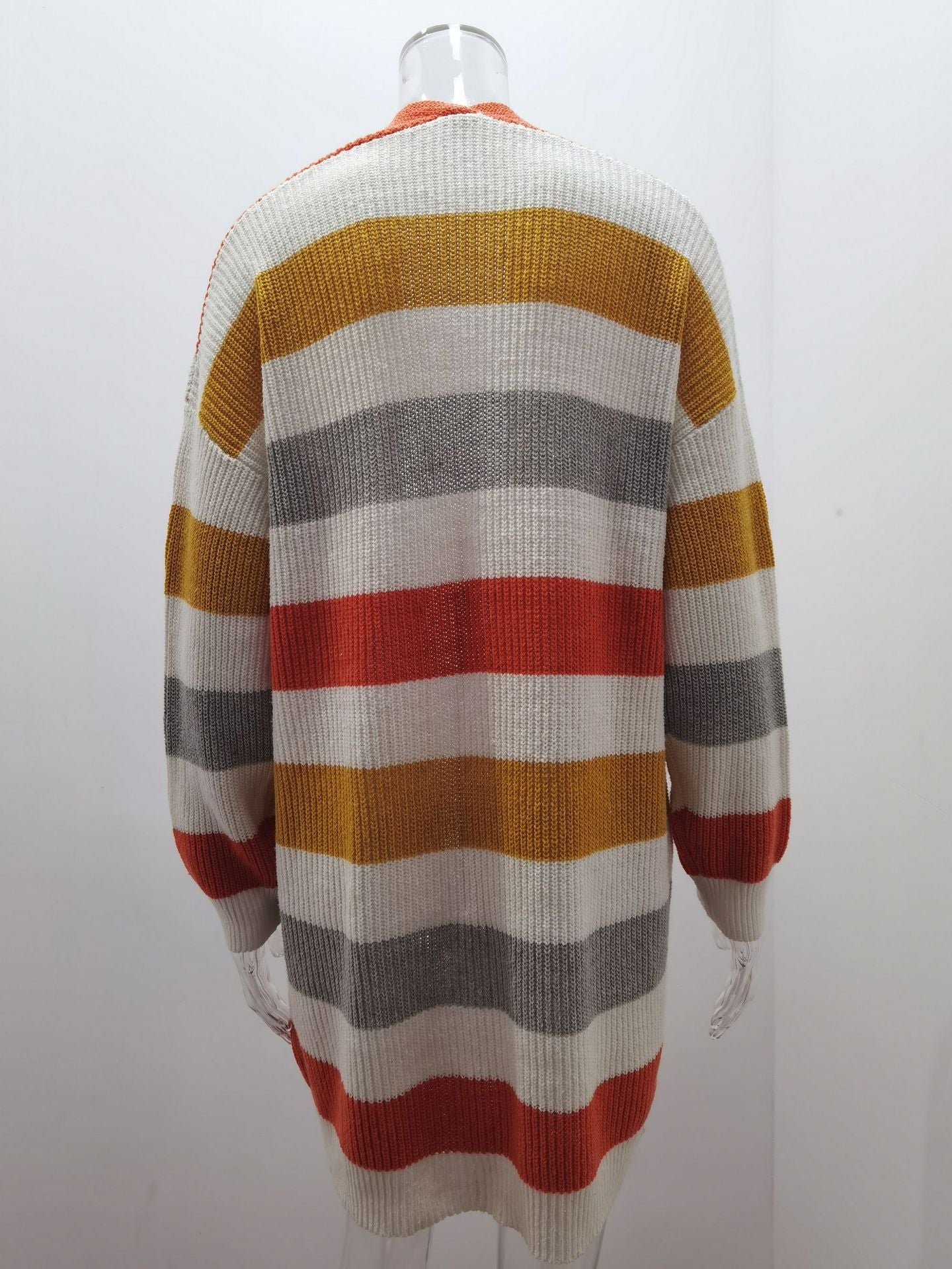 Striped Stitching Sweater Cardigan Women Autumn Winter New Long Color Matching Pocket Knitted Cardigan