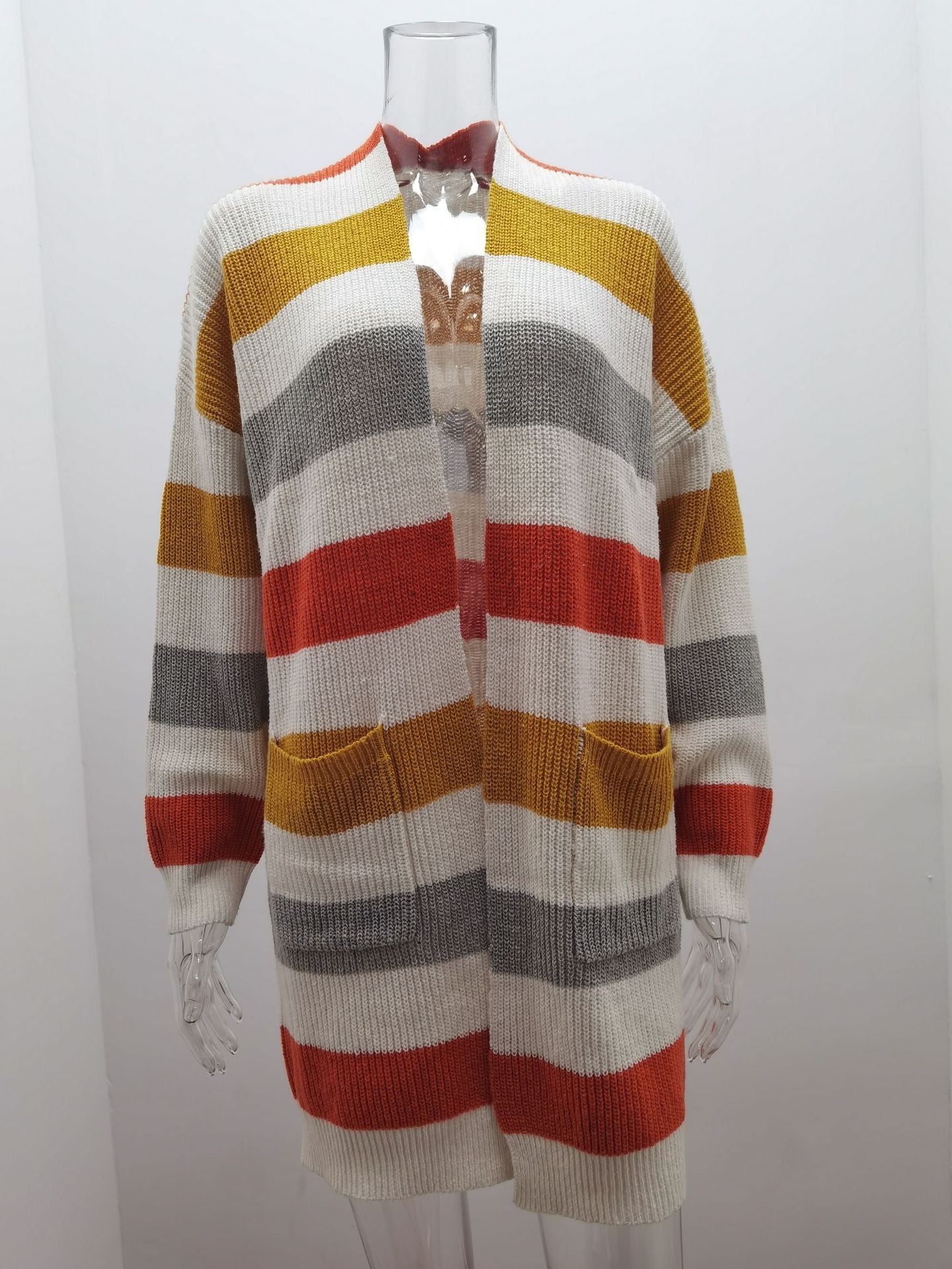 Striped Stitching Sweater Cardigan Women Autumn Winter New Long Color Matching Pocket Knitted Cardigan