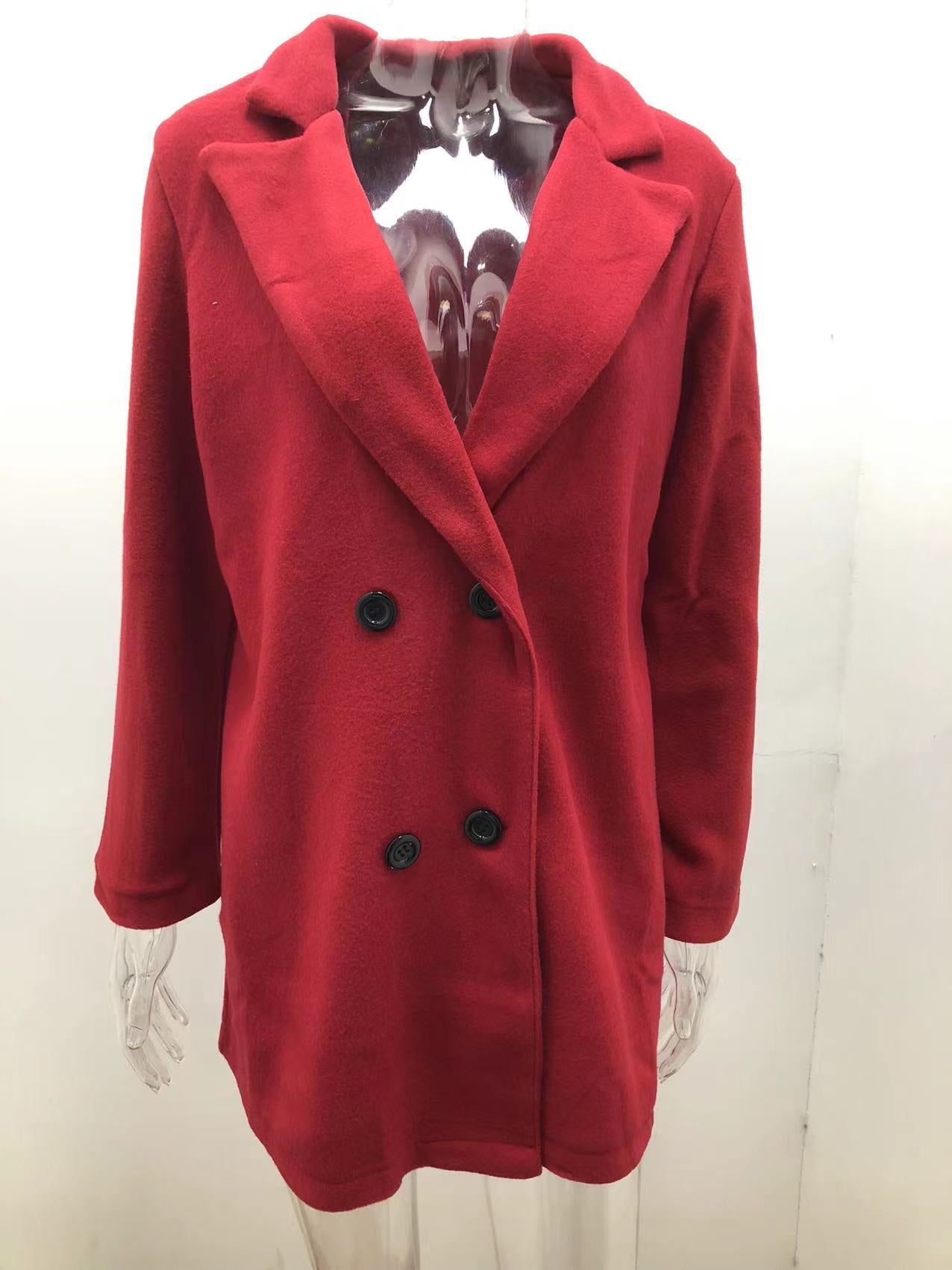 Autumn Winter Solid Color Long Sleeve Double Row Button Blazer Collar Woolen Coat Women
