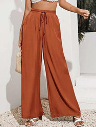 Summer Women High Waist Casual Trousers Solid Color Elastic Waist Lace-up Loose Wide-Leg Pants Women