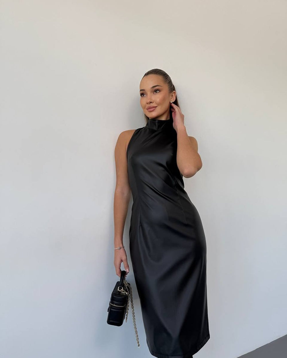 Women Clothing Sleeveless Stand Collar Split Dress Slim Solid Color Faux Leather Dress