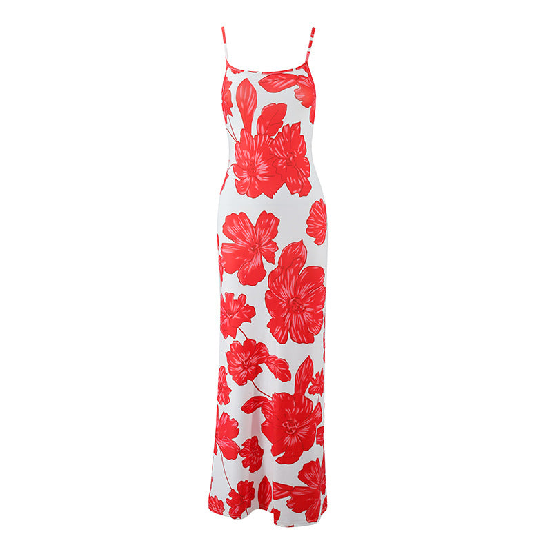 Women Clothing Summer Suspender U Collar Slim Fit Backless Floral Dress