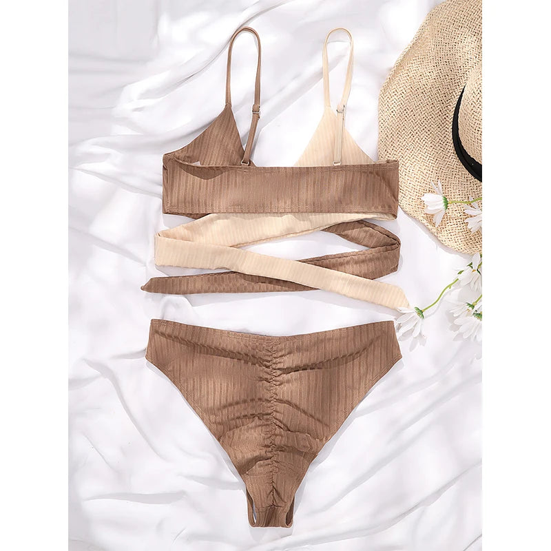 Patchwork Bikini Set Bandeau Swimsuit Women Sports Bathing Suits Swimwear