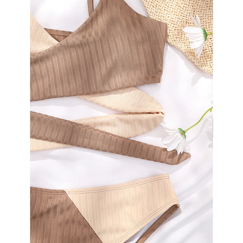 Patchwork Bikini Set Bandeau Swimsuit Women Sports Bathing Suits Swimwear