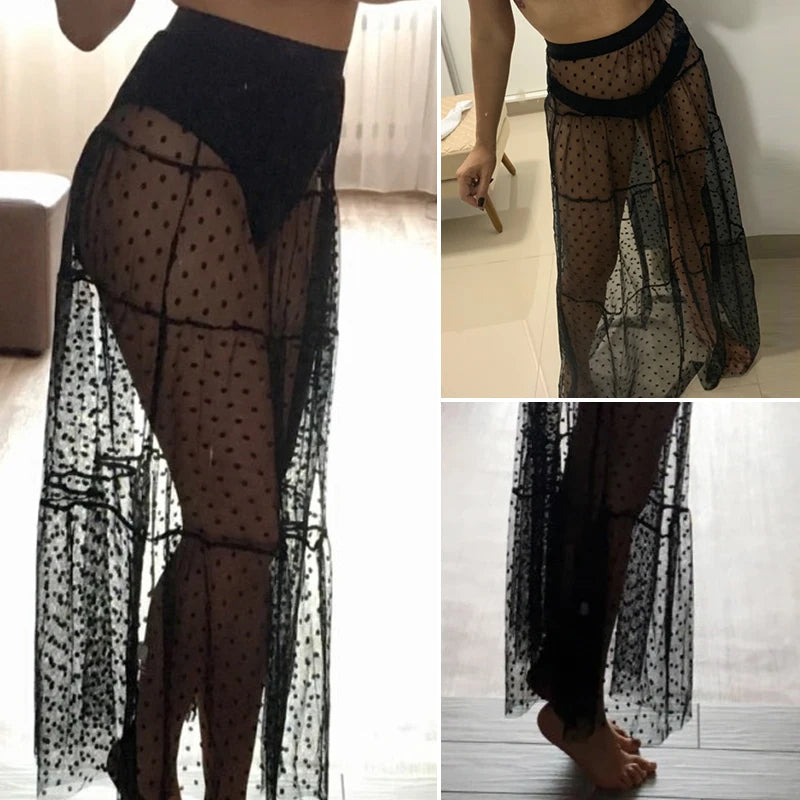 Polka dot Beach-ups High waist long skirts Sexy see through summer women swimsuit bikini cover up Elegant Beach skirt