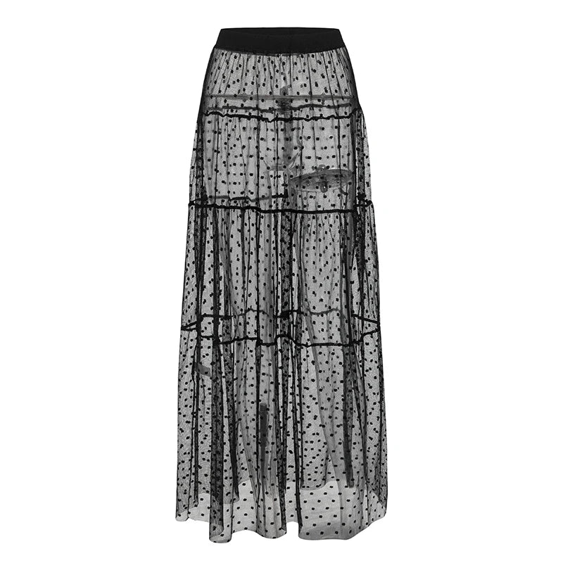 Polka dot Beach-ups High waist long skirts Sexy see through summer women swimsuit bikini cover up Elegant Beach skirt