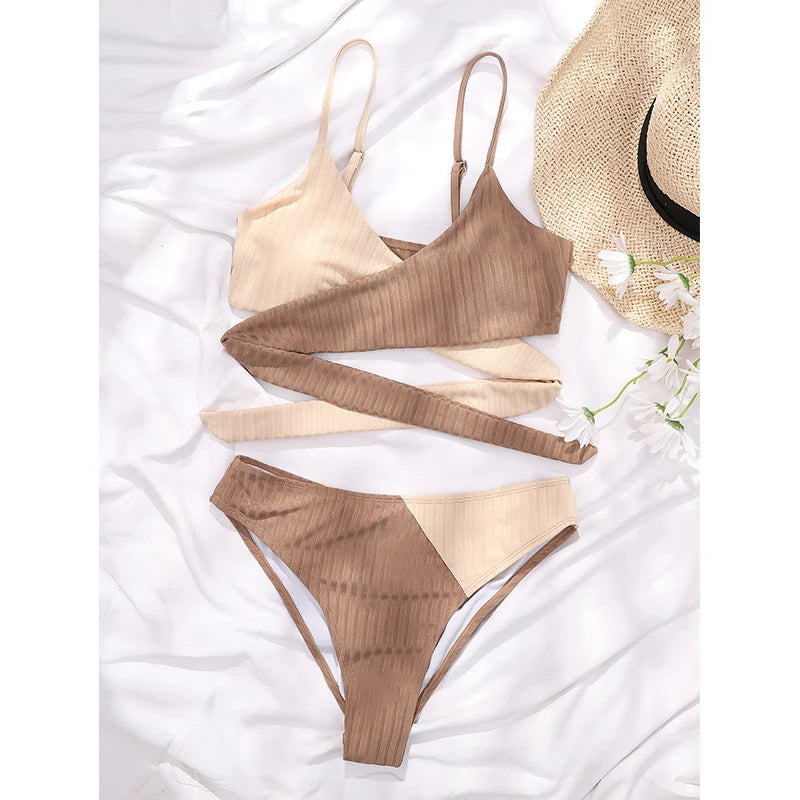 Patchwork Bikini Set Bandeau Swimsuit Women Sports Bathing Suits Swimwear
