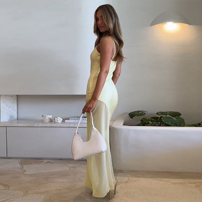 Fall Maxi Dress Classic Elegant Slim Satin Stitching Mesh Spaghetti Strap Dress