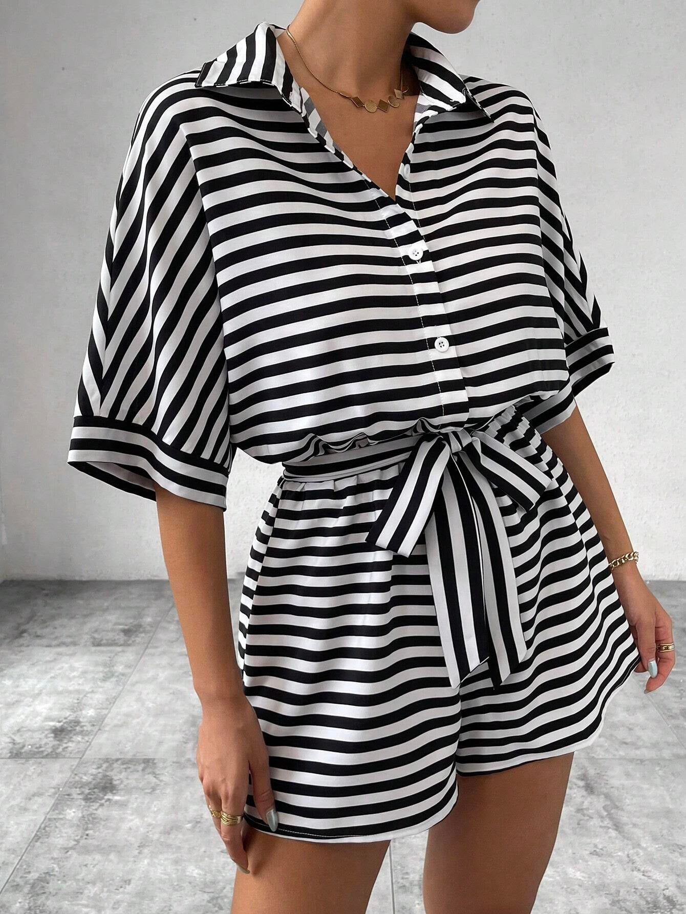 Summer Women Clothing Striped Collared Cardigan Button Half Sleeve Shorts Jumpsuit