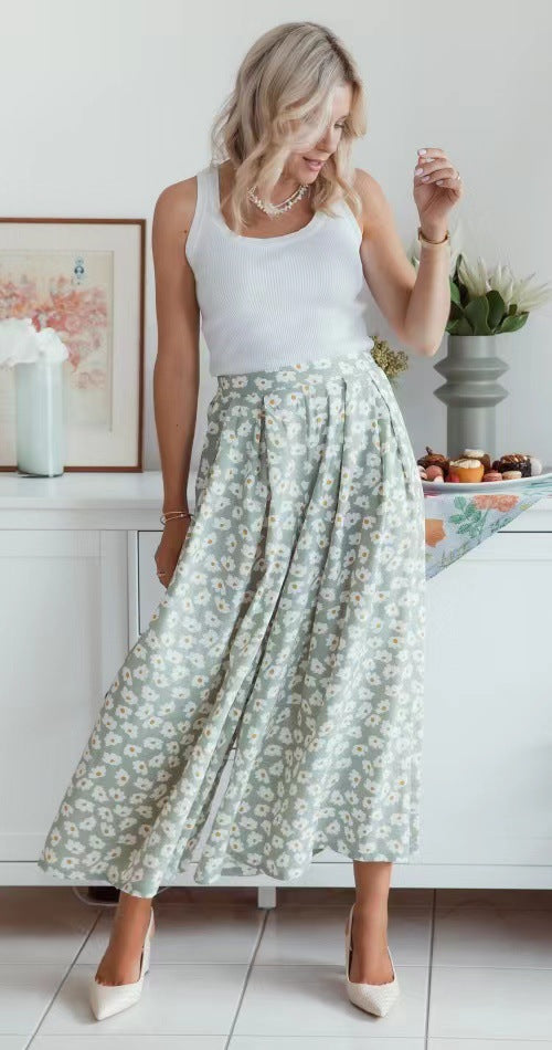 Spring Summer Office Green No Belt Loose Little Daisy Cotton Trousers Mid Waist Women Wide Leg Pants