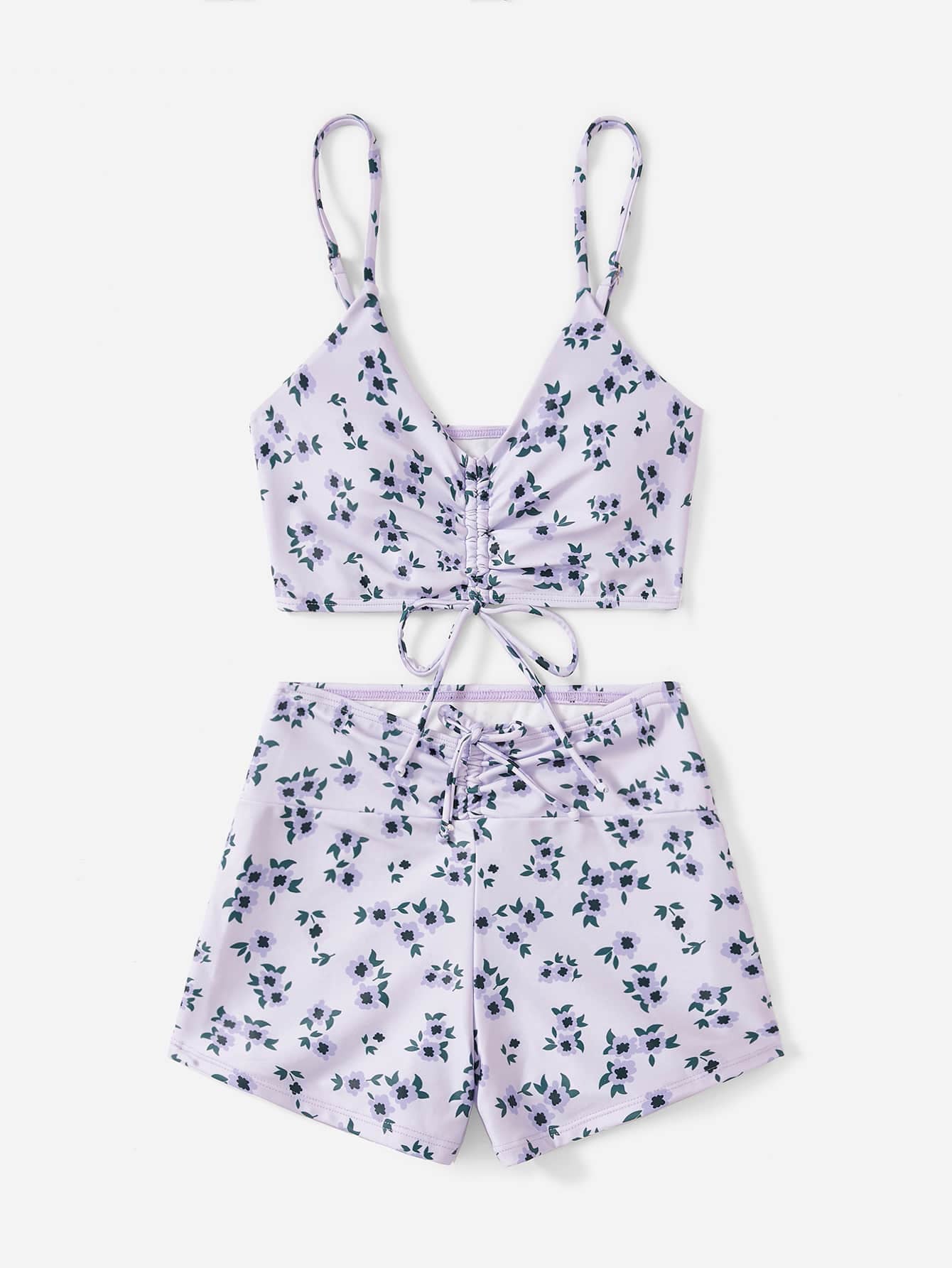 Swimsuit Women Split High Waist Boxer Floral Print Swimsuit