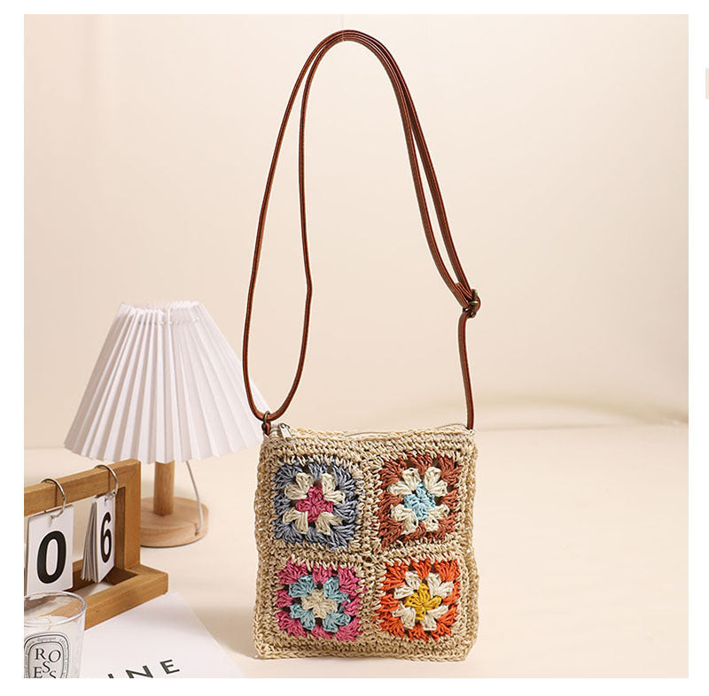 Hollow Out Cutout Floral Crossbody Straw Bag Retro Square Straw Bag Woven Bag Vacation Beach Bag All Match Shoulder Bag