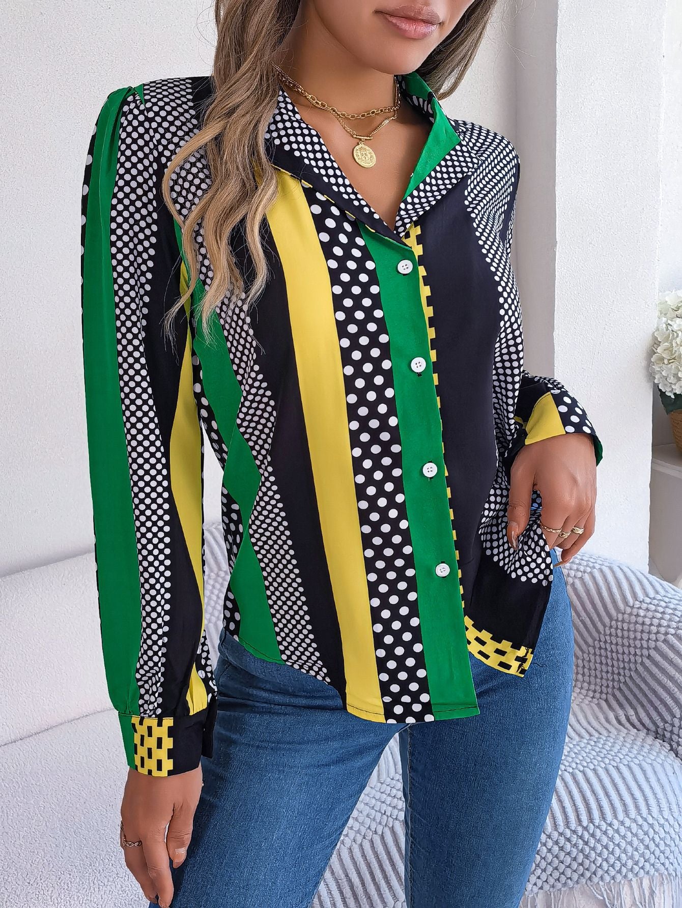 Autumn Winter Commuting Elegant Contrast Color Polka Dot Collar Long Sleeve Shirt Women Clothing