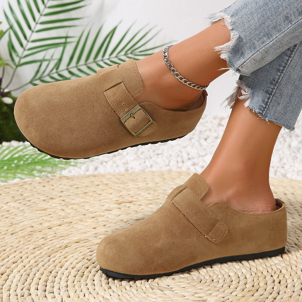 Belt Buckle Closed Toe Birkenstock Half Slippers Women Outer Wear French Slip on Thick Bottom Back Open Shoes