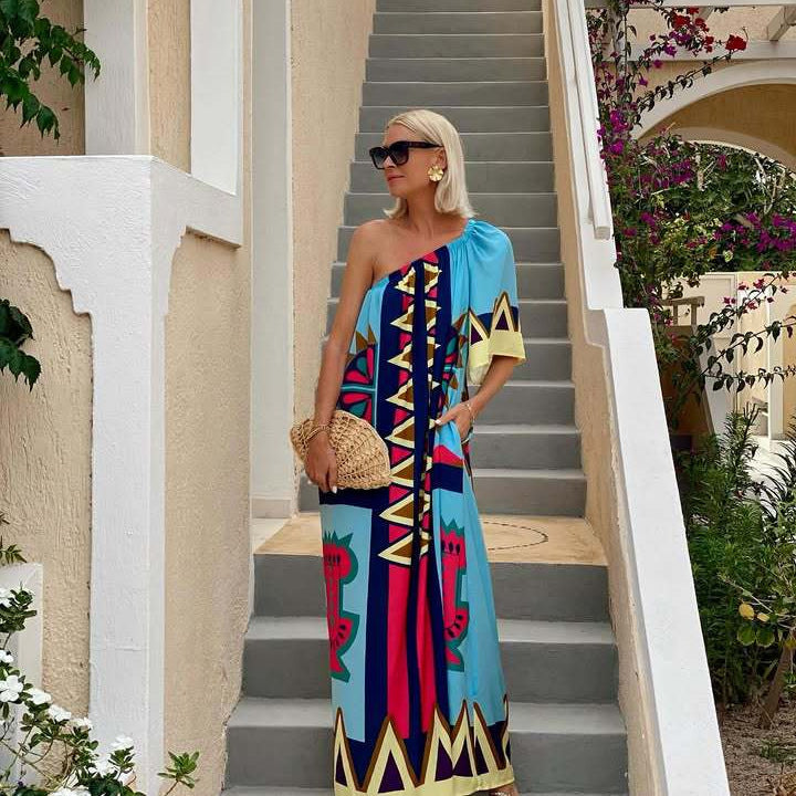 Internet Celebrity Same Positioning Printing Oblique Shoulder Vacation Dress Ladies Dress