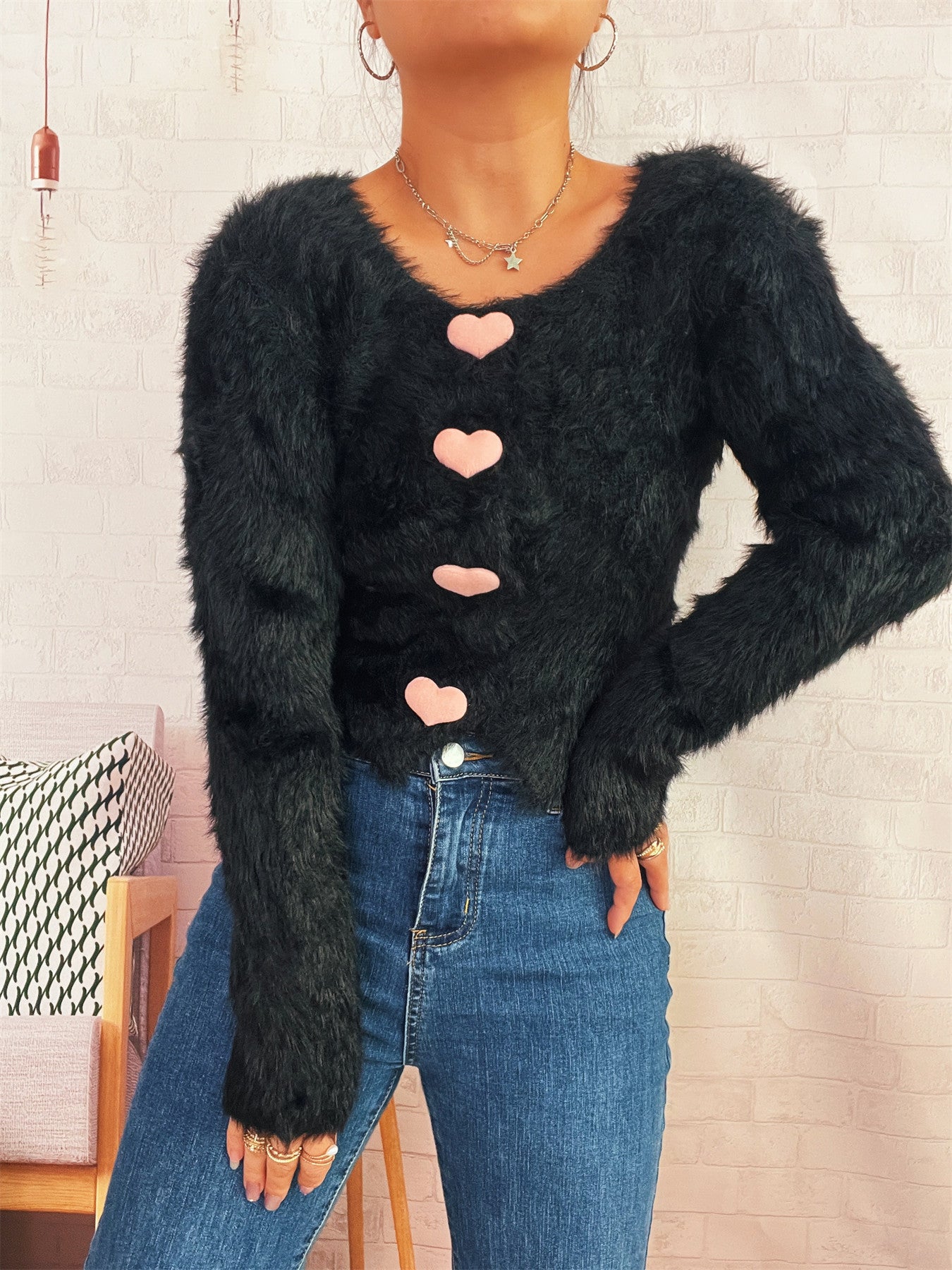 Autumn Winter Office Cute Love Button Solid Color Mink like Knitted Cardigan Sweater